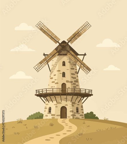 Vintage windmill illustration, rustic stone structure, peaceful countryside setting
