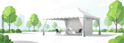 White pop-up tent with chairs and table, minimalist outdoor park setting