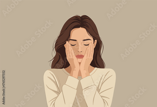 Woman with hands on face looking tired, minimalist vector illustration, isolated background