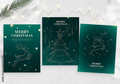 Contemporary Christmas Flyer Template in Modern, Minimalist Green & Gold Sparkling Glitter Style