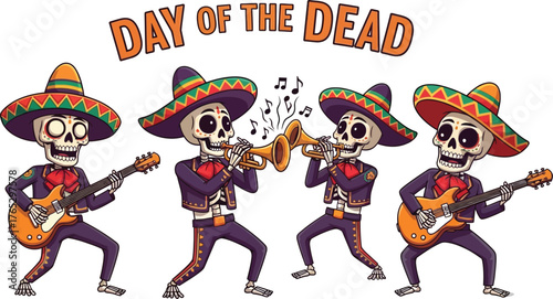 Skeletons in mariachi costumes playing musical instruments for the day of the dead celebration