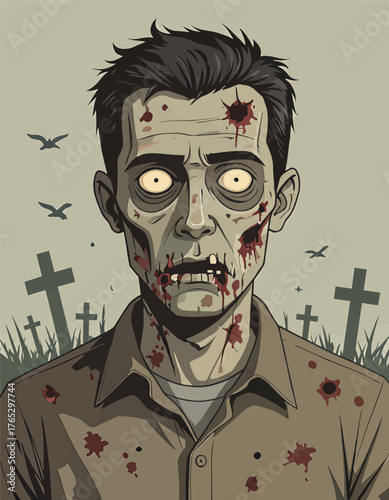 Zombie man with bloodied face standing in graveyard, cartoonish horror art style