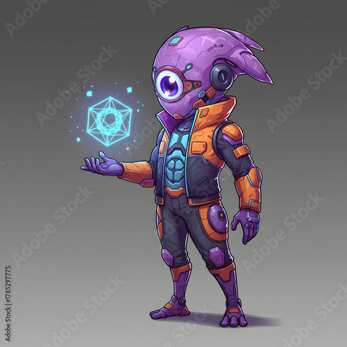 Futuristic character illustration with geometric object