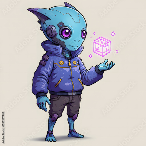 Alien character with glowing cube in hand cartoon illustration
