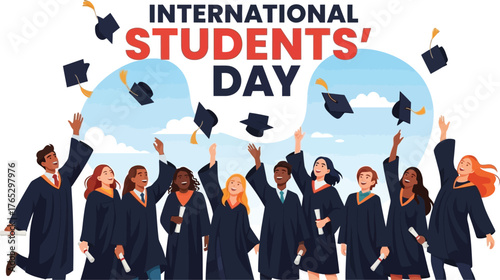 Group of diverse students celebrating international students day by throwing graduation caps