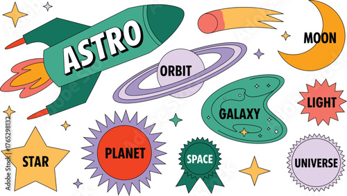 Colorful Retro Space Illustration Featuring Rocket, Planet, Moon, Galaxy, Orbit, Light and Stars