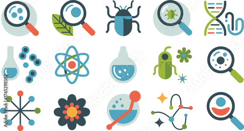 Colorful Science Icons Magnifying Glasses, DNA, Atom, Bugs, and Molecules on White Background
