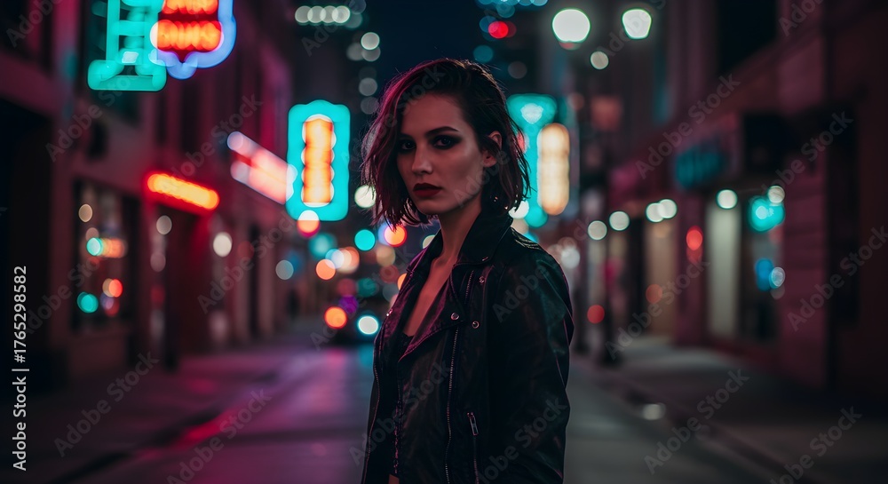Fototapeta premium Woman posing in urban street at night