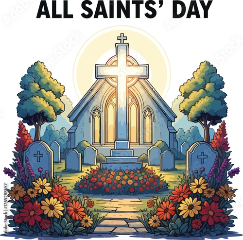 Honoring all saints day with a church, cross, and flowers for remembrance and celebration of faith