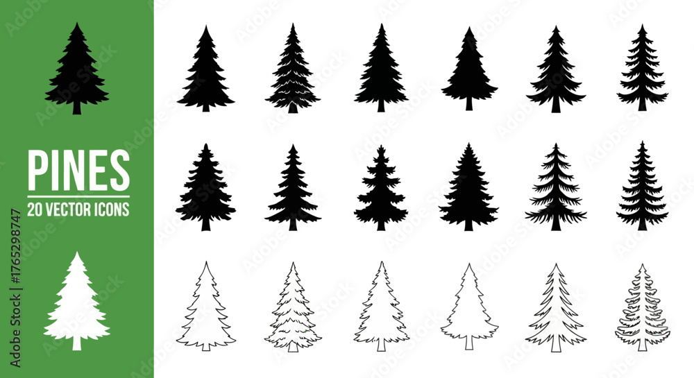 Fototapeta premium A collection of twenty pine tree vector icons, featuring various black silhouette and white outline designs for graphic projects.
