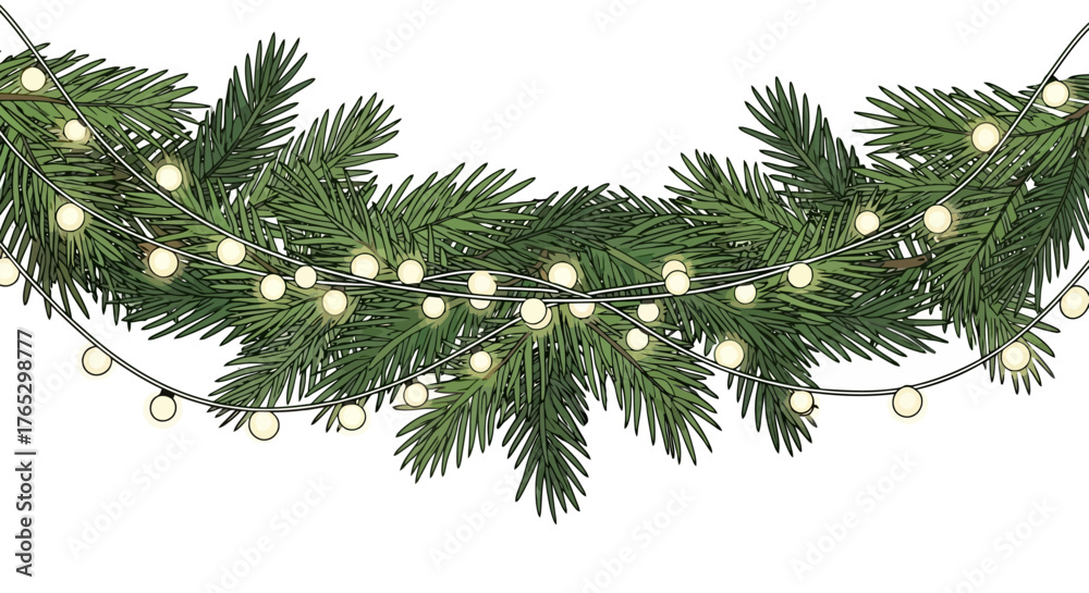 Obraz premium A festive Christmas garland of green fir branches decorated with a string of warm glowing lights, isolated on a white background.