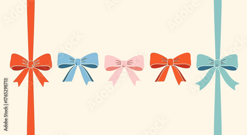 A horizontal row of five colorful gift bows with vertical ribbons framing the composition.
