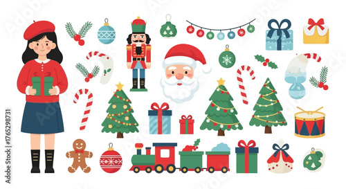 A collection of cute Christmas illustrations featuring Santa, a nutcracker, a girl with a gift, and festive decorations.
