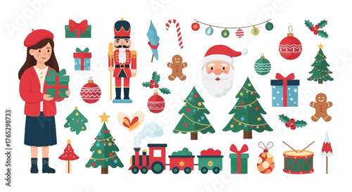 A collection of festive Christmas illustrations featuring Santa, a nutcracker, a toy train, and holiday decorations.