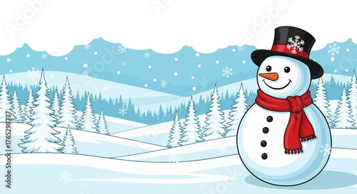 A cheerful cartoon snowman wearing a top hat and red scarf stands in a snowy winter landscape with trees.