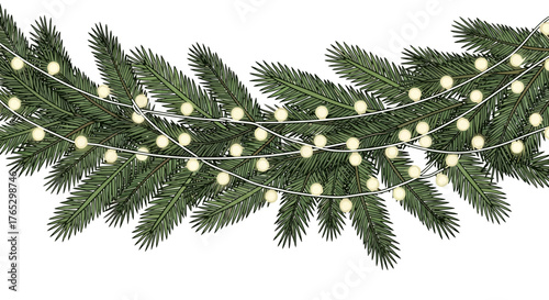 A festive Christmas garland made of green fir branches with glowing string lights on a white background.