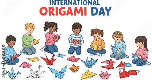 Creative children engage in the art of origami international origami day, folding colorful paper into various shapes