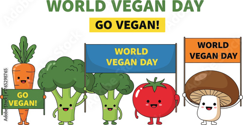 World vegan day illustration with cute vegetables and banners promoting plantbased lifestyle and diet