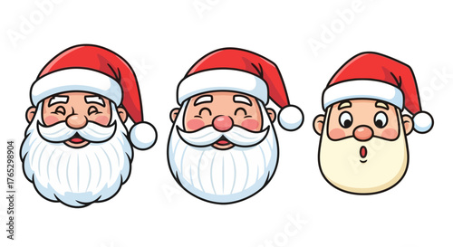 Set of three cute cartoon Santa Claus heads with different facial expressions: happy, joyful, and surprised.
