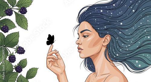Mystical woman with celestial blue hair and a butterfly on her finger beside a blackberry bush.