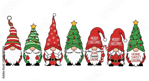A festive collection of seven adorable Christmas gnomes in red and green outfits, isolated on a white background.
