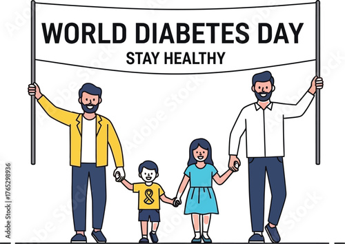 World diabetes day banner with family holding hands and stay healthy text medical holiday concept design