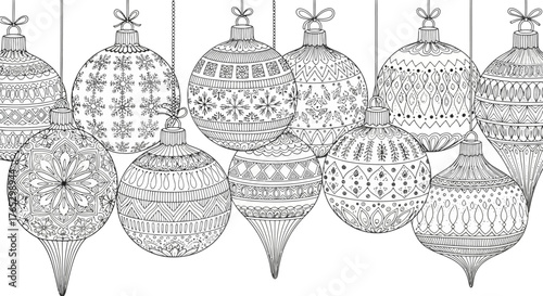 A collection of intricately patterned Christmas baubles hanging in a row, designed as a coloring page.