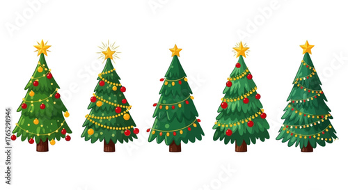 A collection of five beautifully decorated Christmas trees with stars, lights, and ornaments, isolated on a white background.