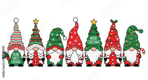 A festive collection of seven adorable Christmas gnomes dressed in red and green holiday attire.