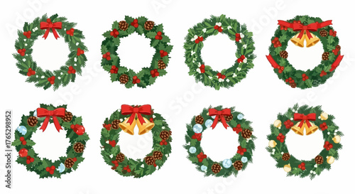 A collection of eight beautifully illustrated Christmas wreaths decorated with bows, bells, berries, and pinecones on a white background.