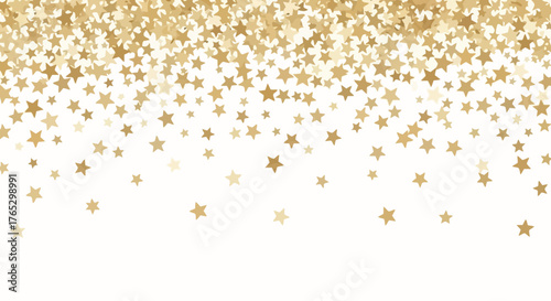 A festive cascade of falling golden star confetti on a white background.