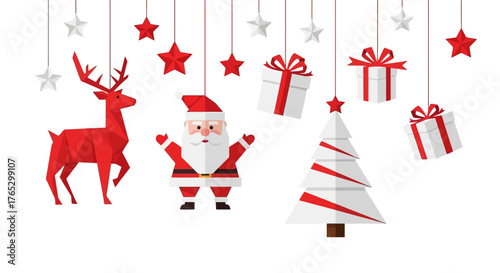 Hanging Christmas ornaments featuring Santa Claus, a reindeer, a tree, and gift boxes in a flat design style.