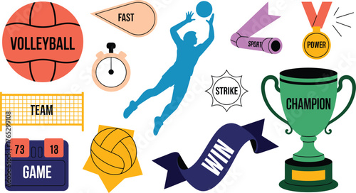 Colorful Volleyball Game Elements Illustration Player, Ball, Net, Trophy, Scoreboard, and Motivational Phrases
