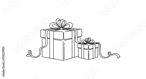 A simple black and white line drawing of two gift boxes wrapped with ribbons and bows.
