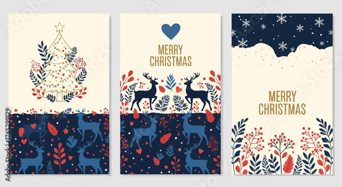 A collection of three vertical Christmas greeting cards with Scandinavian folk art designs featuring reindeer, trees, and floral patterns.