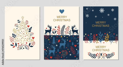 A collection of three modern Christmas greeting cards with folk art style illustrations of trees and reindeer.