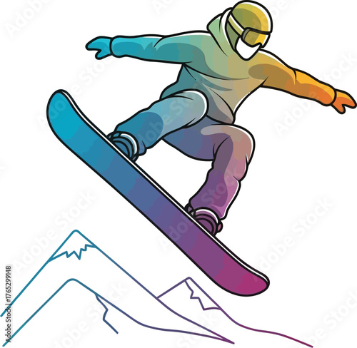 Colorful snowboarder performing a jump over snowy mountains on a bright white day