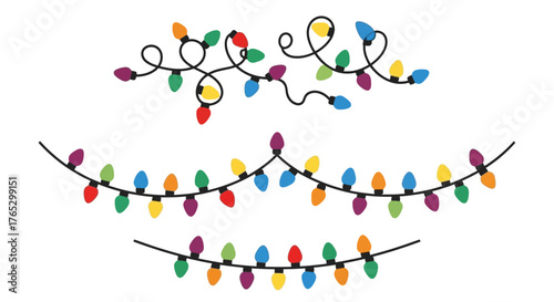 A set of three colorful Christmas light strings, including tangled and straight garlands for holiday decoration.