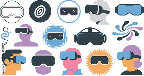 Colorful VR Headset Graphics Collection Icons, Heads, and Abstract Shapes on White