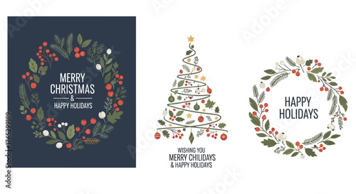 Collection of modern Christmas greeting card designs with festive wreaths and a stylized tree.