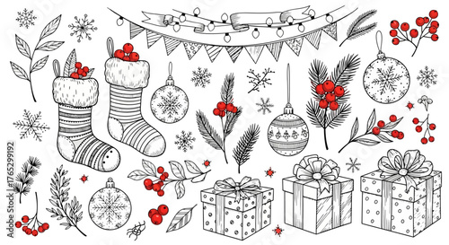 Vintage sketch set of Christmas decorations featuring stockings, gifts, ornaments, berries, and snowflakes.