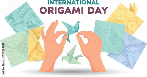 International origami day vector illustration with paper birds and hands holiday concept with folded figures