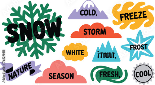 Colorful Winter Weather Word Art with Snowflake, Clouds, Ribbon Banner, and Badge Sticker Design