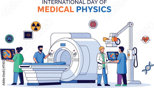 International day of medical physics concept with mri machine and doctor healthcare and technology