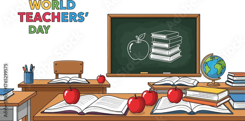 World teachers day vector illustration with school supplies and apple holiday concept with education items