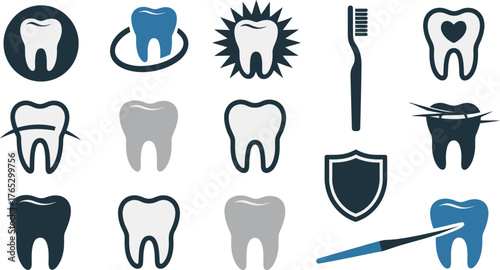 Dental Care Icons Set Featuring Teeth, Toothbrush, Shield, and Cleaning Tool Graphics