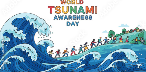 World tsunami awareness day banner people walking the wave 
