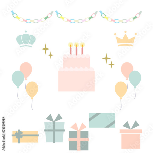 パステルカラーの誕生日アイテムセット｜かわいいケーキ・プレゼント・バルーン・王冠のイラスト素材