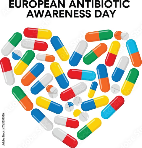European antibiotic awareness day with pills in heart shape for health campaign or medical promotion