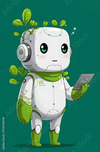Cute robot character with plant elements and tablet transparent background